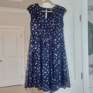 Maternity Cocktail Dress with Navy with silver polka dots